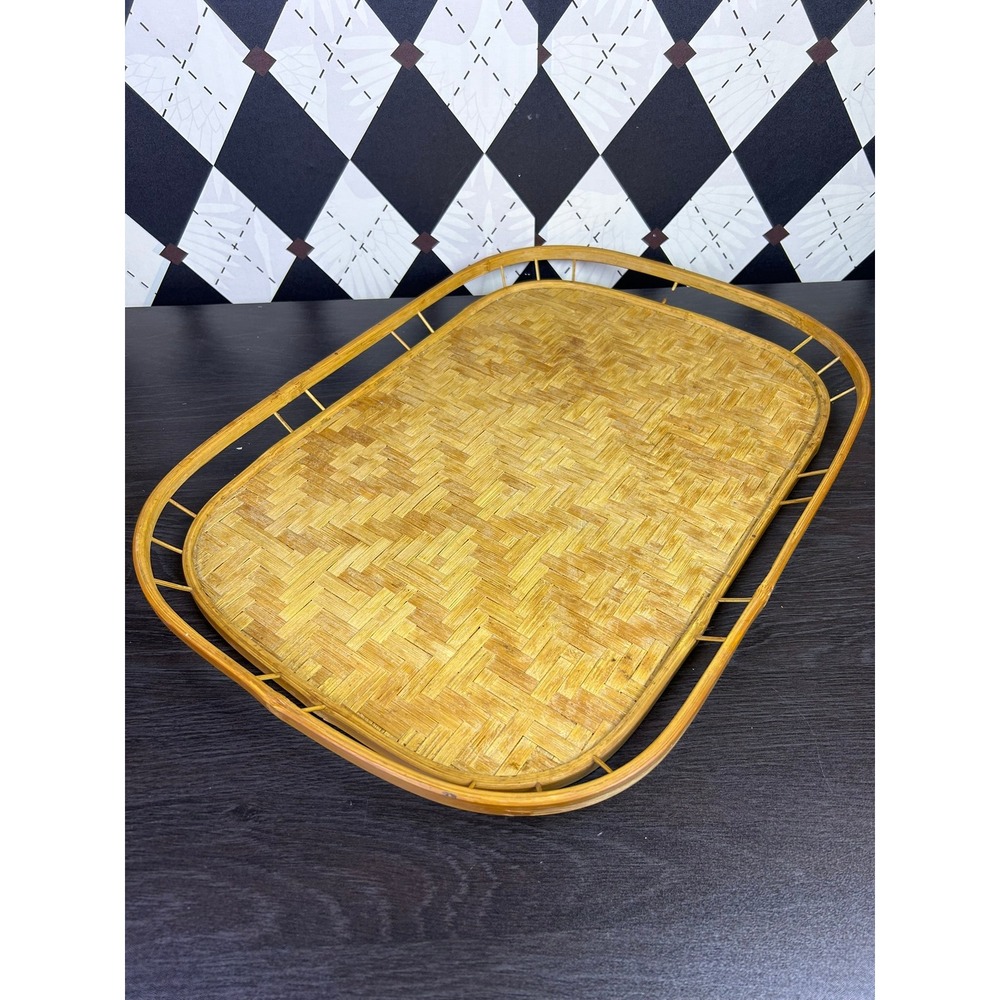 Vintage Woven Bamboo Tray Rattan Gallery Edge 19x14 Inch - Picture 12 of 15